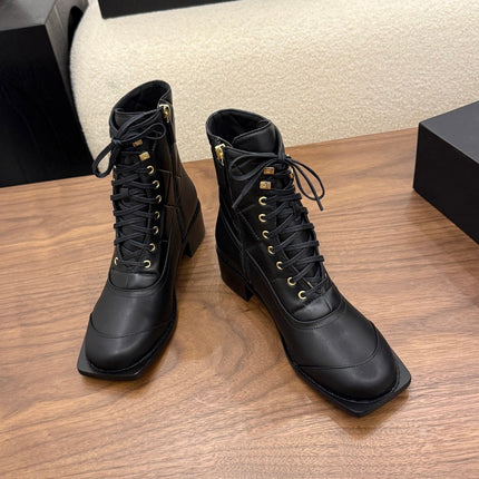 CHANEL 26S LACE UP HIGH TOP BOOTS 45 MM IN BLACK CALFSKIN