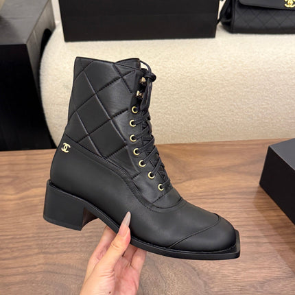CHANEL 26S LACE UP HIGH TOP BOOTS 45 MM IN BLACK CALFSKIN