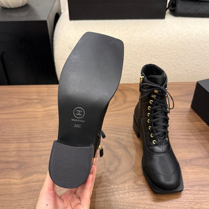 CHANEL 26S LACE UP HIGH TOP BOOTS 45 MM IN BLACK CALFSKIN
