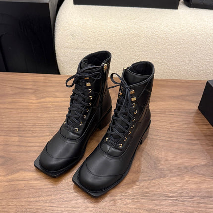 CHANEL 26S LACE UP HIGH TOP BOOTS 45 MM IN BLACK CALFSKIN