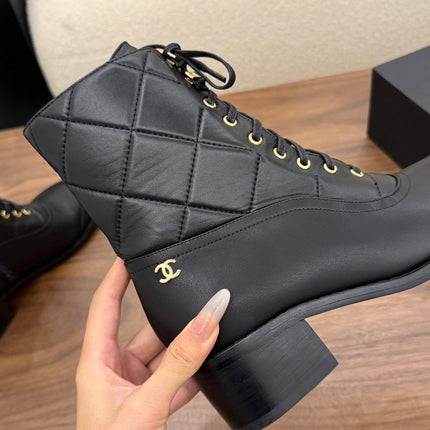 CHANEL 26S LACE UP HIGH TOP BOOTS 45 MM IN BLACK CALFSKIN
