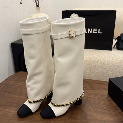 CHANEL 26S TALL BOOTS 60 MM IN WHITE CALFSKIN TALL BOOTS WITH GOLD TONE CHAIN DETAIL
