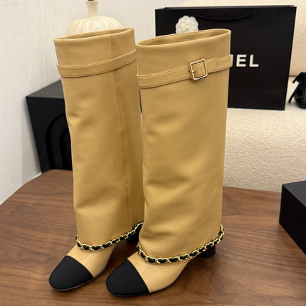 CHANEL 26S TALL BOOTS 60 MM IN BEIGE CALFSKIN TALL BOOTS WITH GOLD TONE CHAIN DETAIL