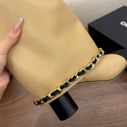 CHANEL 26S TALL BOOTS 60 MM IN BEIGE CALFSKIN TALL BOOTS WITH GOLD TONE CHAIN DETAIL