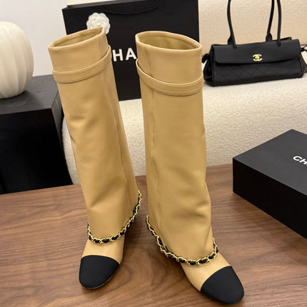 CHANEL 26S TALL BOOTS 60 MM IN BEIGE CALFSKIN TALL BOOTS WITH GOLD TONE CHAIN DETAIL