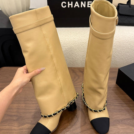 CHANEL 26S TALL BOOTS 60 MM IN BEIGE CALFSKIN TALL BOOTS WITH GOLD TONE CHAIN DETAIL