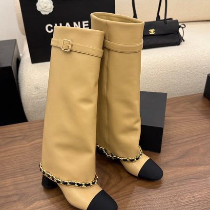 CHANEL 26S TALL BOOTS 60 MM IN BEIGE CALFSKIN TALL BOOTS WITH GOLD TONE CHAIN DETAIL