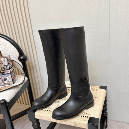 DIOR 26S FLAT OVER-THE-KNEE BOOTS IN BLACK CALFSKIN
