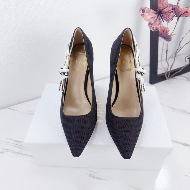 DIOR 26S KITTEN-HEEL PUMP 95MM IN BLACK FABRIC WITH BOW