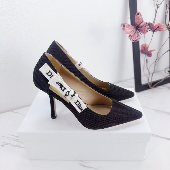 DIOR 26S KITTEN-HEEL PUMP 95MM IN BLACK FABRIC WITH BOW