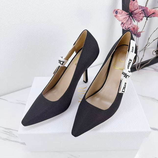 DIOR 26S KITTEN-HEEL PUMP 95MM IN BLACK FABRIC WITH BOW
