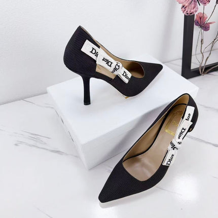 DIOR 26S KITTEN-HEEL PUMP 95MM IN BLACK FABRIC WITH BOW