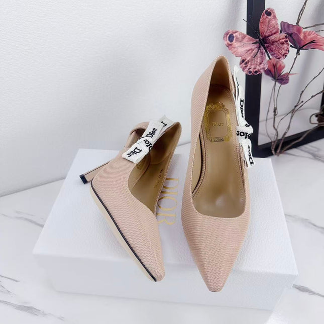 DIOR 26S KITTEN-HEEL PUMP 95MM IN NUDE PINK FABRIC WITH BOW