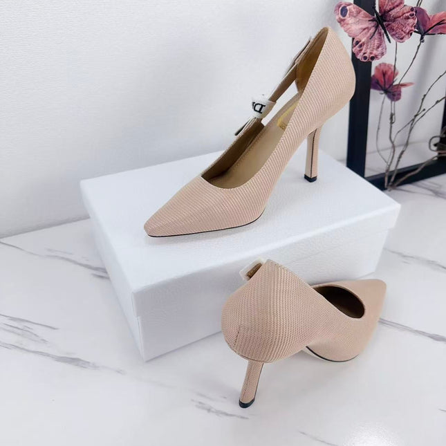 DIOR 26S KITTEN-HEEL PUMP 95MM IN NUDE PINK FABRIC WITH BOW