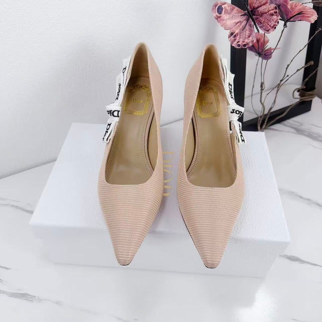 DIOR 26S KITTEN-HEEL PUMP 65MM IN NUDE PINK FABRIC WITH BOW