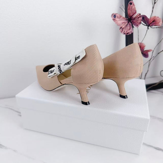DIOR 26S KITTEN-HEEL PUMP 65MM IN NUDE PINK FABRIC WITH BOW