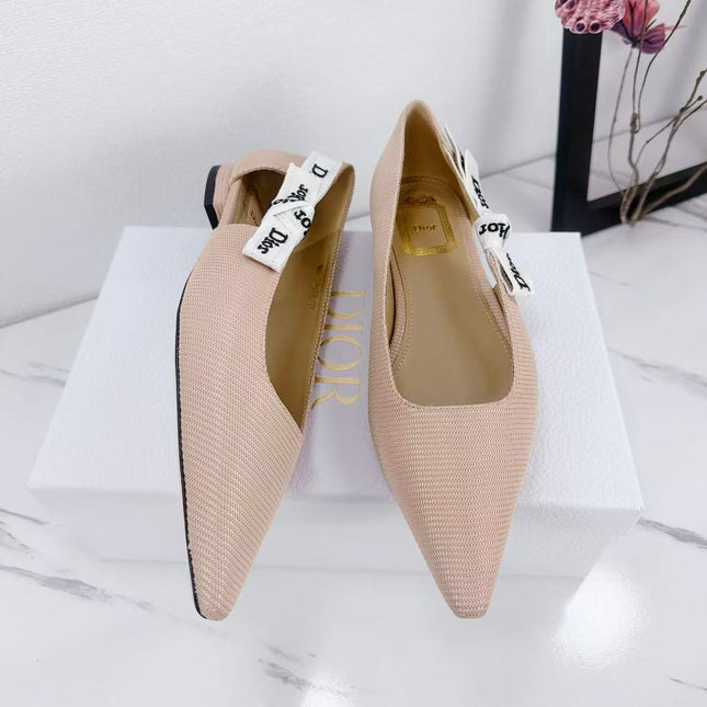DIOR 26S SLINGBACK FLAT IN NUDE PINK FABRIC WITH BOW