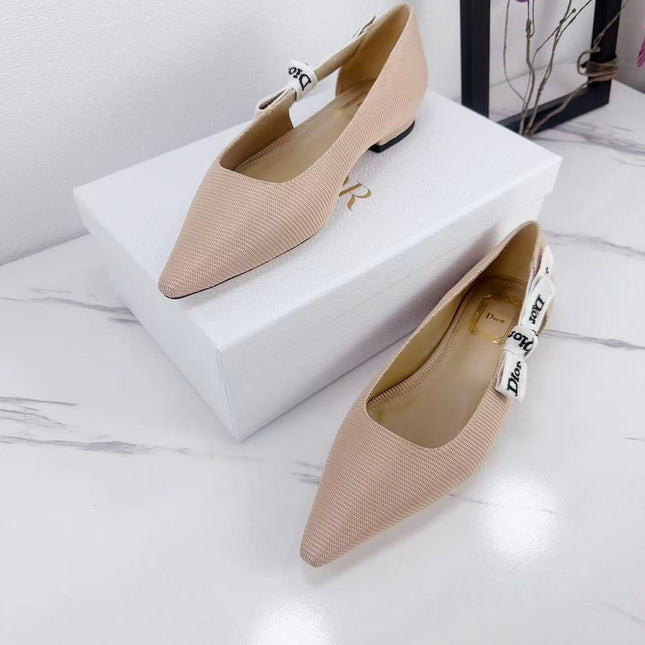 DIOR 26S SLINGBACK FLAT IN NUDE PINK FABRIC WITH BOW
