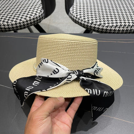 MIUMIU SMALL-BRIM STRAW HAT IN LIGHT BEIGE AND PEARL EMBELLISHED