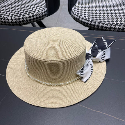 MIUMIU SMALL-BRIM STRAW HAT IN LIGHT BEIGE AND PEARL EMBELLISHED