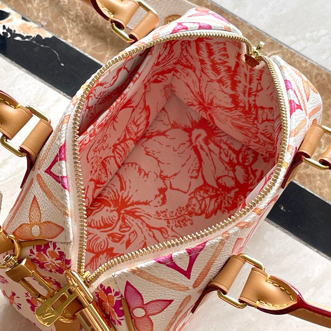 SPEEDY BANDOULIÈRE 20 IN CORAL MONOGRAM TILES CANVAS GOLD BUCKLE