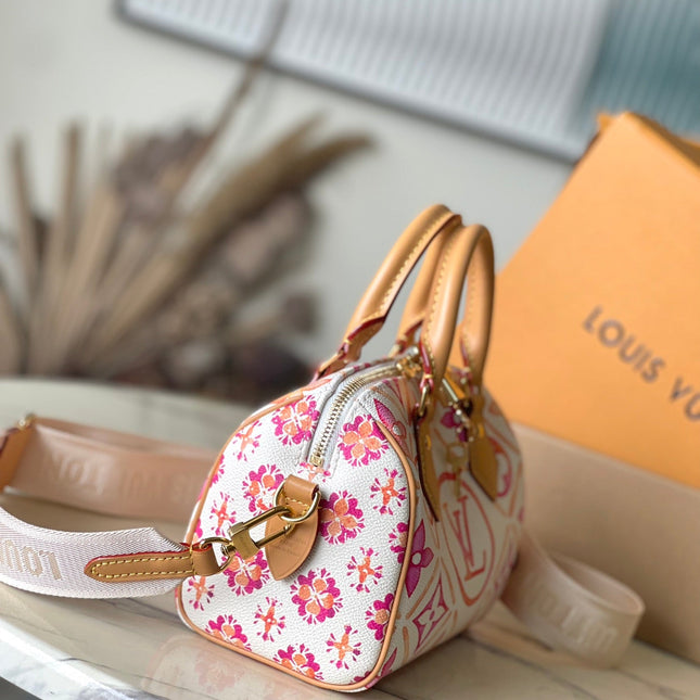 SPEEDY BANDOULIÈRE 20 IN CORAL MONOGRAM TILES CANVAS GOLD BUCKLE
