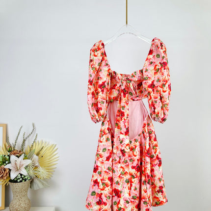 PUFF SLEEVE MINI DRESS 25S RED IN LINEN 266363