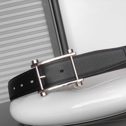 HM REVERSIBLE BLACK LEATHER STRAP 32 MM SILVER HARDWARE