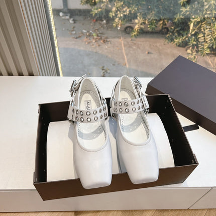 ALAIA 26S FLATS IN WHITE CALFSKIN WITH SILVER STUD STRAP