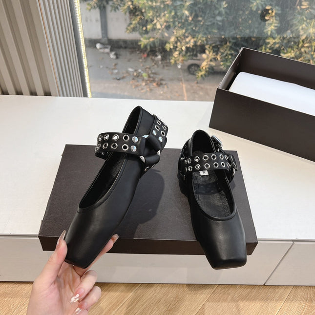 ALAIA 26S FLATS IN BLACK CALFSKIN WITH SILVER STUD STRAP