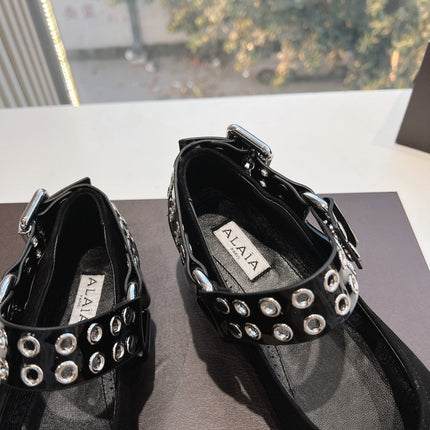 ALAIA 26S FLATS IN BLACK SUEDE WITH SILVER STUD STRAP