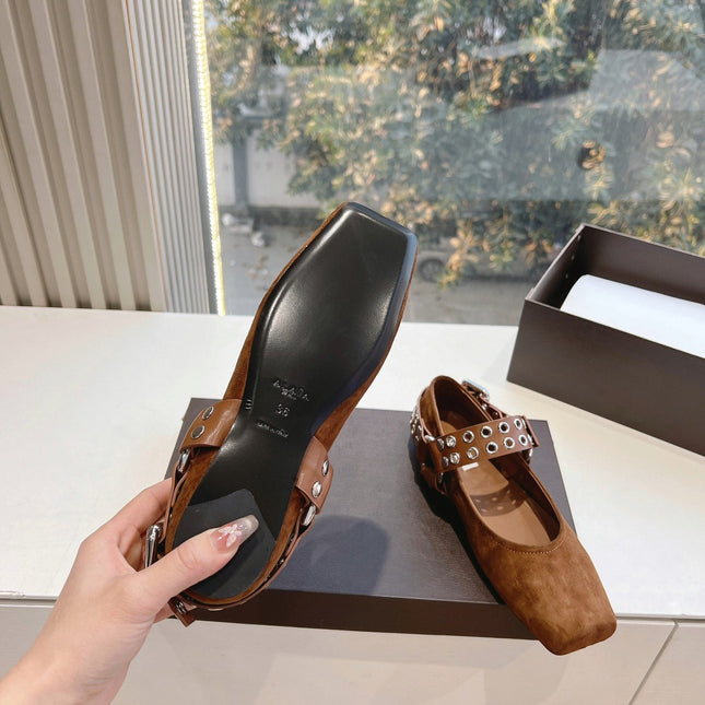 ALAIA 26S FLATS IN BROWN SUEDE WITH SILVER STUD STRAP