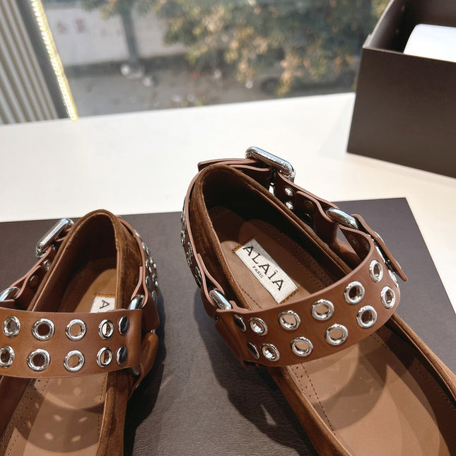 ALAIA 26S FLATS IN BROWN SUEDE WITH SILVER STUD STRAP