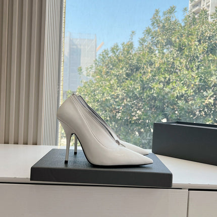 ZIPPER POINTED-TOE HIGH PUMPS IN WHITE WAX-OIL SHEEPSKIN