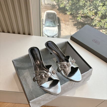 CAGOLE MID-HEEL MULES IN SILVER METALLIC CALFSKIN