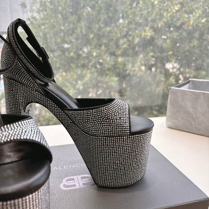 PLATFORM ANKLE STRAP HEELS IN BLACK ATTACHED RHINESTONES CALFSKIN