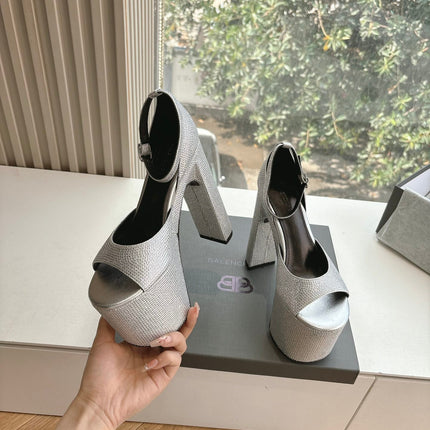 PLATFORM ANKLE STRAP HEELS IN SILVER METALLIC ATTACHED RHINESTONES CALFSKIN