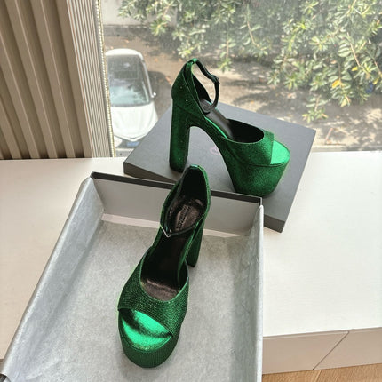 PLATFORM ANKLE STRAP HEELS IN GREEN METALLIC ATTACHED RHINESTONES CALFSKIN