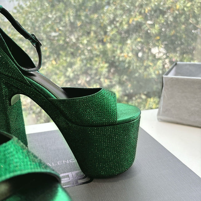 PLATFORM ANKLE STRAP HEELS IN GREEN METALLIC ATTACHED RHINESTONES CALFSKIN