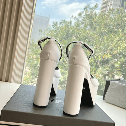 PLATFORM ANKLE STRAP HEELS IN WHITE SMOOTH CALFSKIN