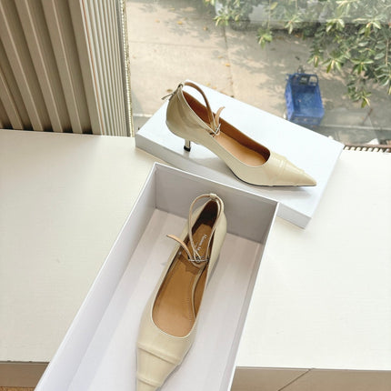 POINTED-TOE ANKLE STRAP PUMPS IN BEIGE PATENT CALFSKIN