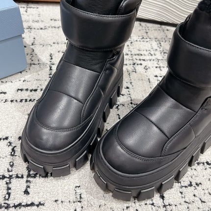 MONOLITH ANKLE BOOTS WITH STRAP IN BLACK CALFSKIN AND FLEECE LINING