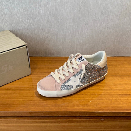 BALL STAR SNEAKERS WHITE CALFSKIN STAR PINK SUEDE SILVER GLITTER UPPER