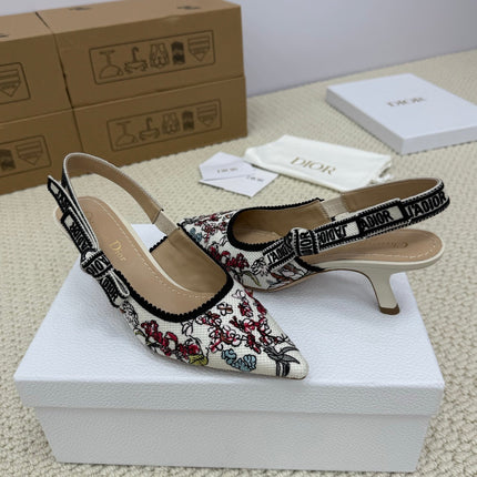 DIOR HIGH SLINGBACK 65 MM 25S IN WHITE FABRIC AND FLORAL PATTERN