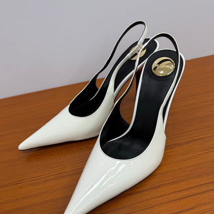YSL 26S HEELED SLINGBACKS 100 MM IN WHITE GLOSSY CALFSKIN