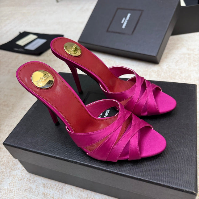 YSL 26S HEELED SANDALS 105 MM IN DARK PINK SATIN