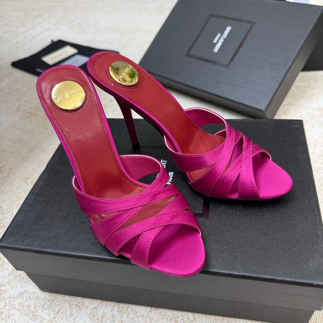 YSL 26S HEELED SANDALS 105 MM IN DARK PINK SATIN