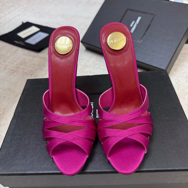 YSL 26S HEELED SANDALS 105 MM IN DARK PINK SATIN