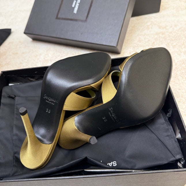 YSL 26S HEELED SANDALS 105 MM IN OLIVE GREEN SATIN