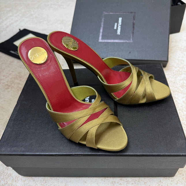 YSL 26S HEELED SANDALS 105 MM IN OLIVE GREEN SATIN